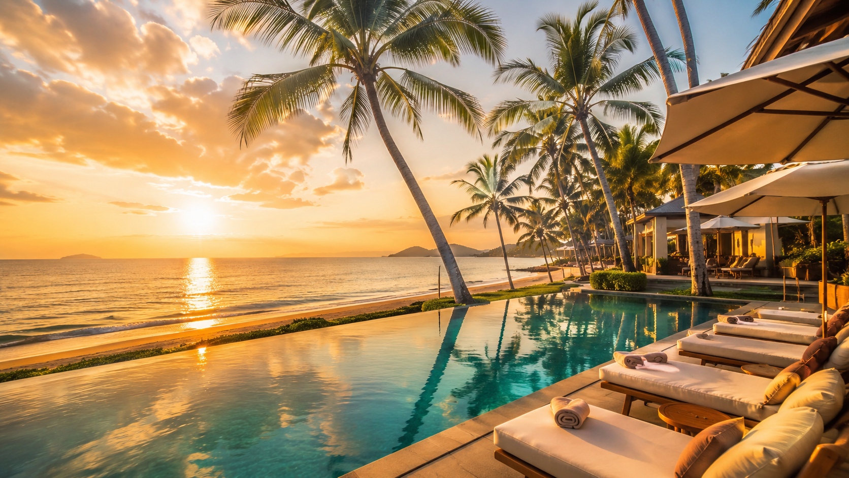 Lyxigt hotell vid stranden i Thailand i solnedgång